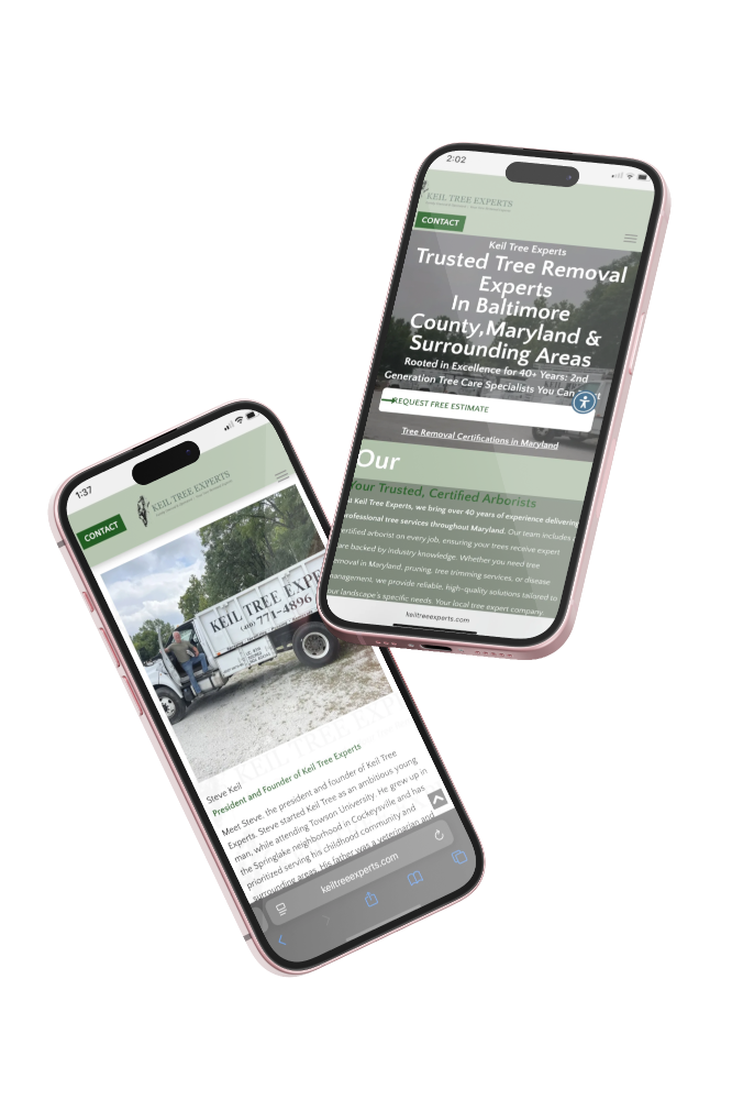 Two smartphones displaying a tree service website. One shows a truck, the other a webpage with text.