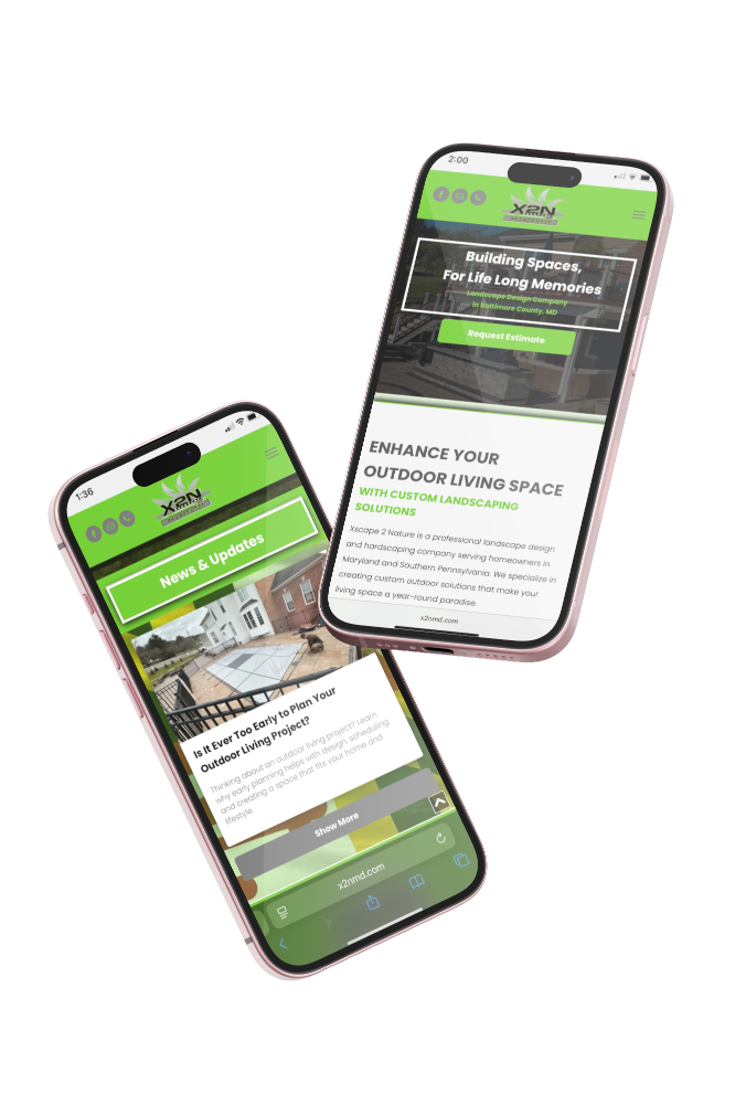 Two smartphones displaying a green and white website with content about outdoor living spaces.