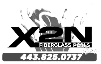 Logo for X2N Fiberglass Pools with phone number 443.825.0737. The logo has a splash design behind the text.