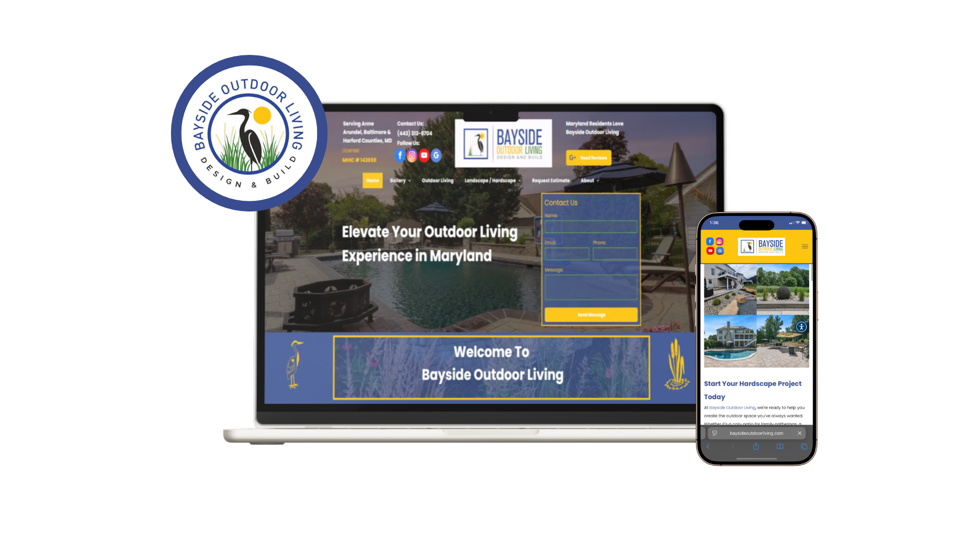 Logo and website mockup on a laptop and phone, showcasing outdoor living design services.