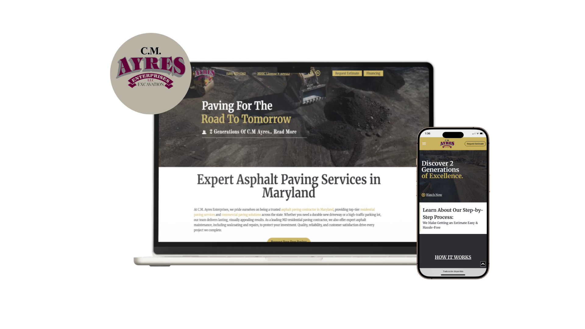 Laptop and phone display a website promoting asphalt paving services in Maryland.