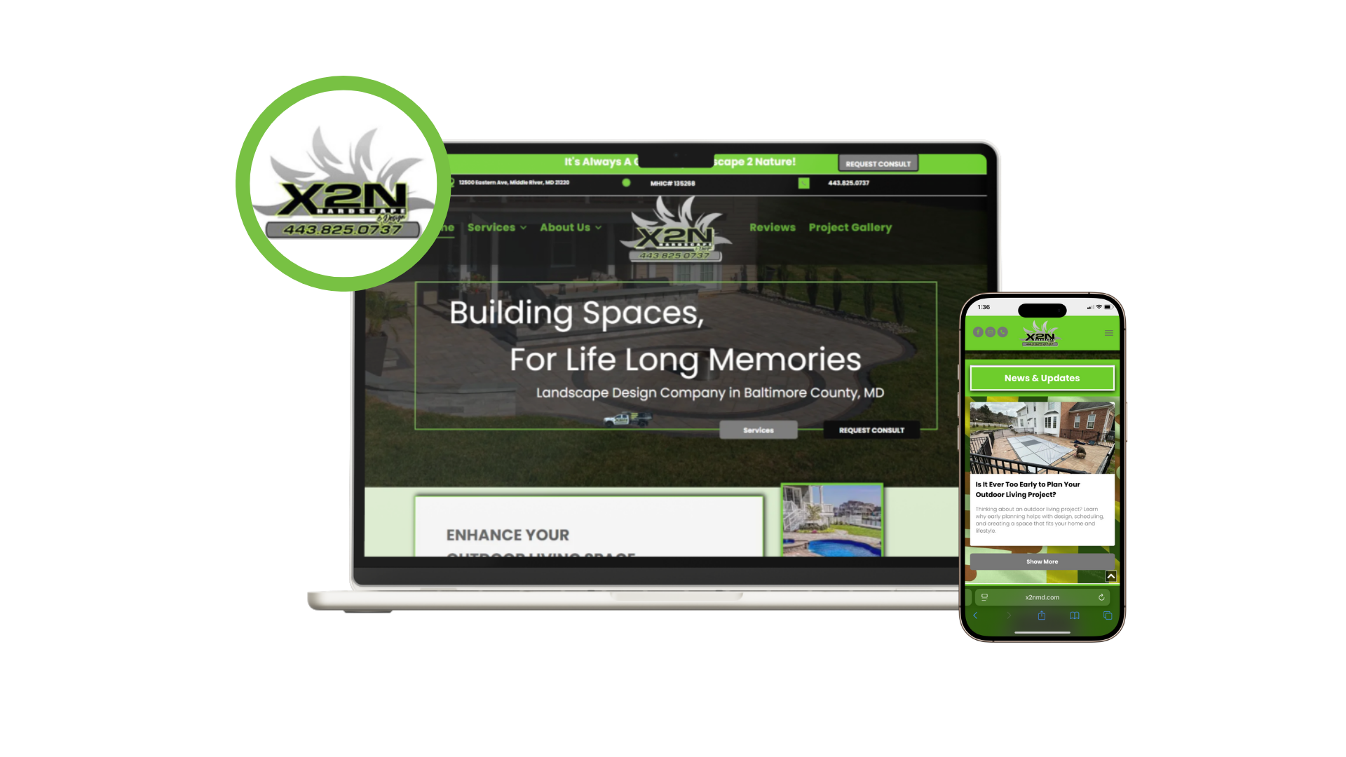 X2N logo beside a laptop and phone displaying a website. Website has green accents, shows landscaping.
