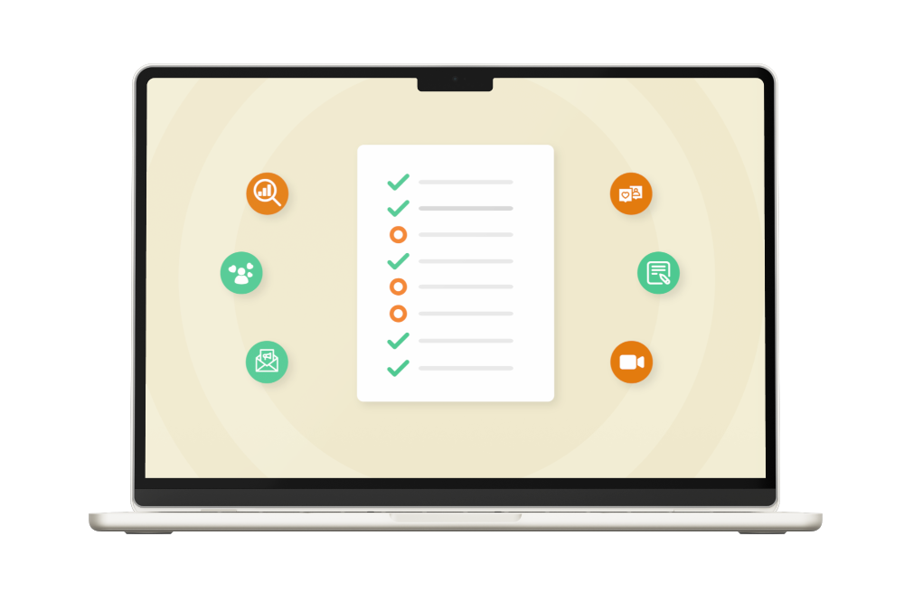 Laptop screen displaying a checklist with green check marks and various icons.