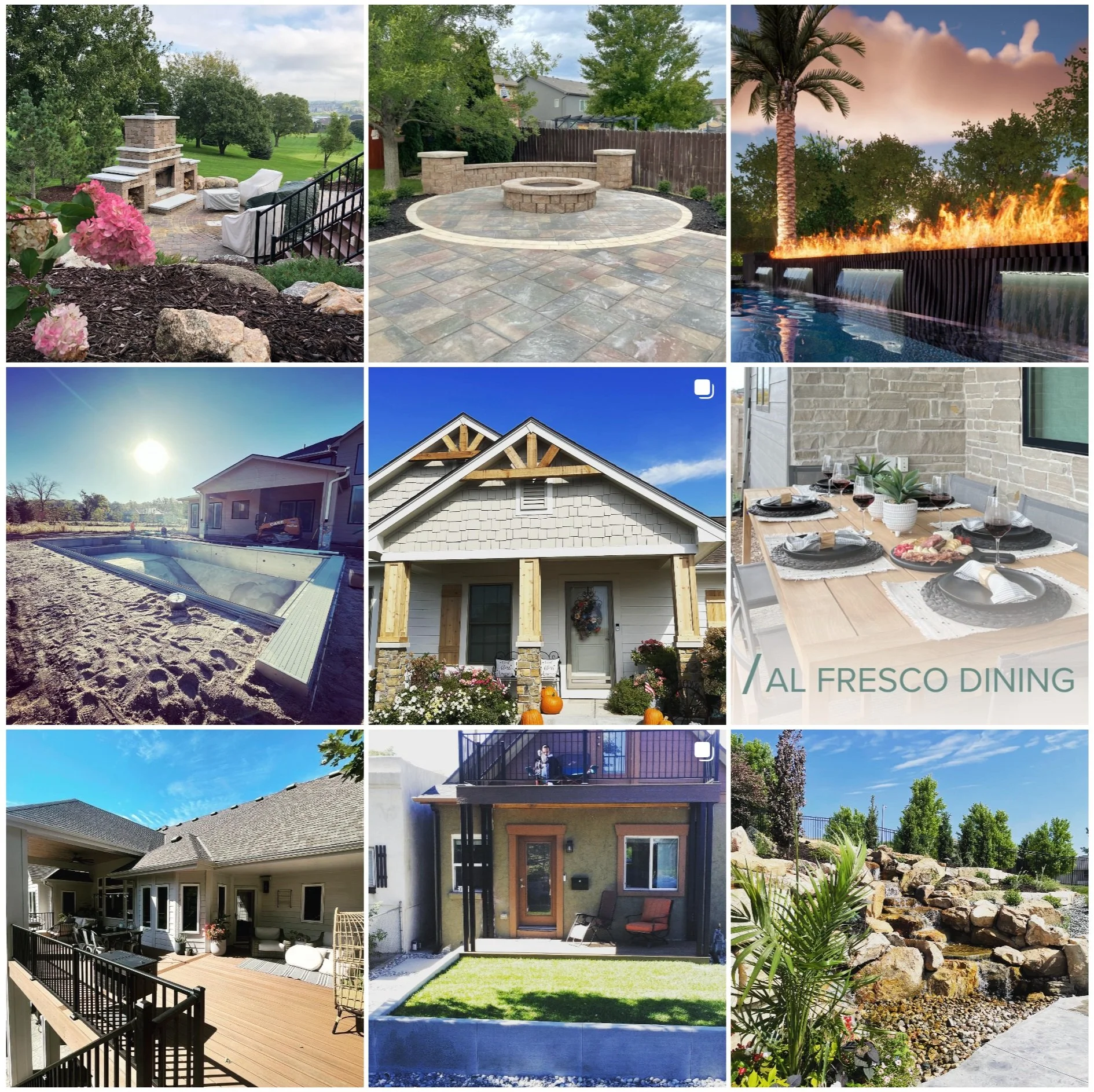 Nine outdoor home scenes: fire pits, pools, patios, and landscaping under sunny skies.