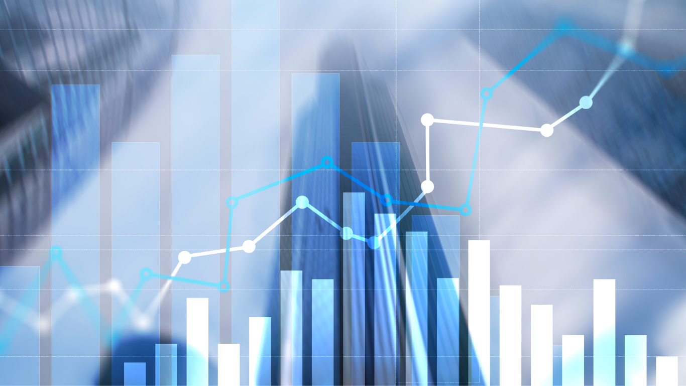 Blue financial bar graph and line chart over blurred cityscape background, indicating growth.