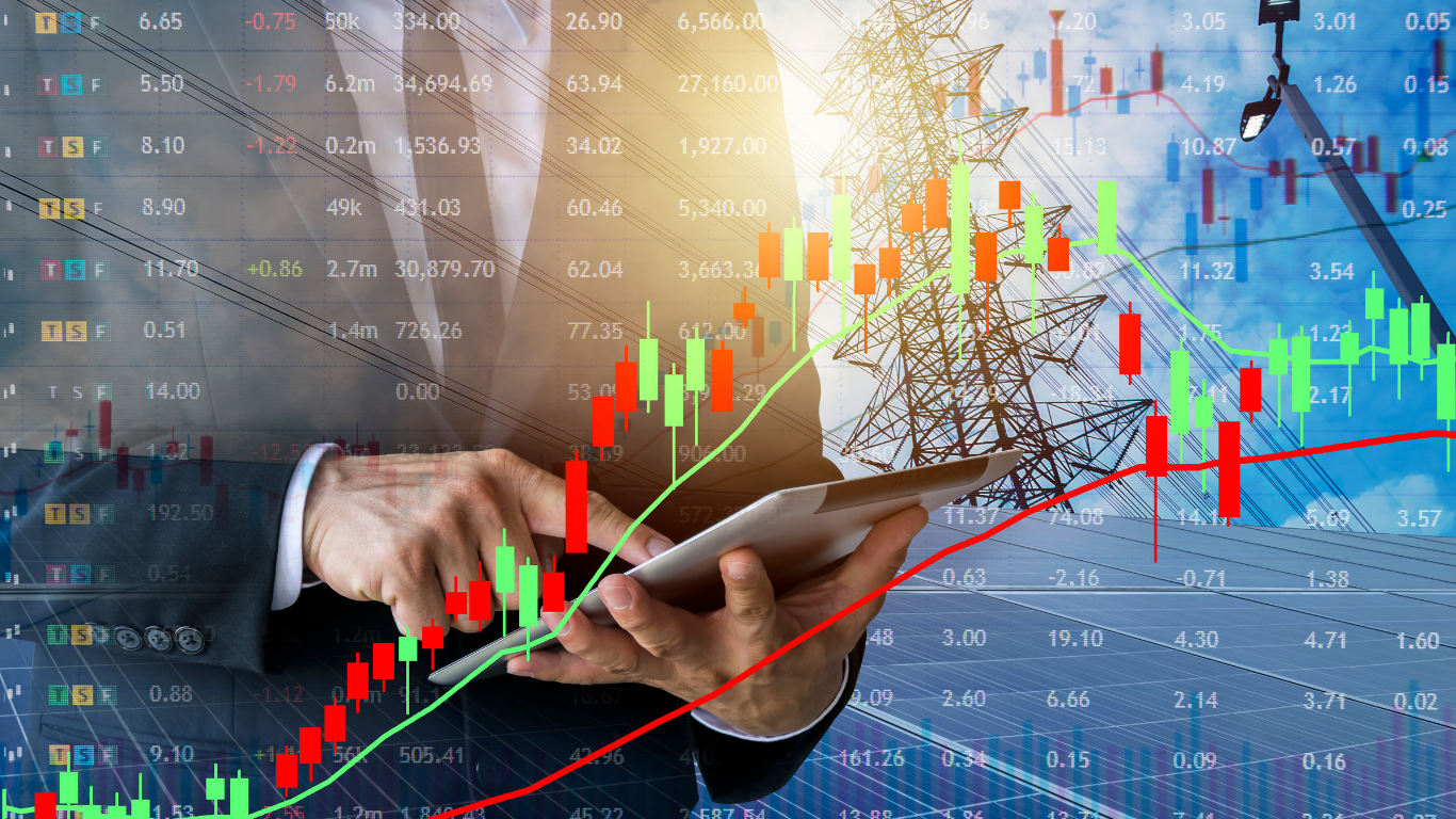 Man in suit, with brown jacket and red tie. Flat design, blue background.