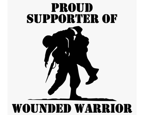 Silhouette of a soldier carrying another. Text: 