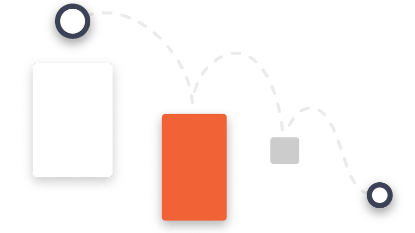 White circle bouncing toward orange rectangle, then gray square, finally landing on another white circle.