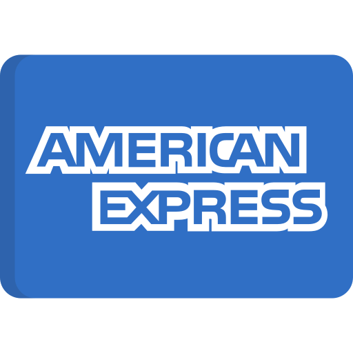 American Express logo in white on a blue rounded rectangle background