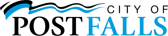 The city of post falls logo is blue and black with a wave.