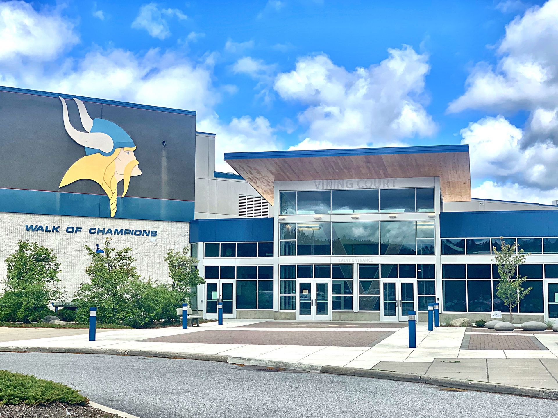 A large building with a viking on the side of it.