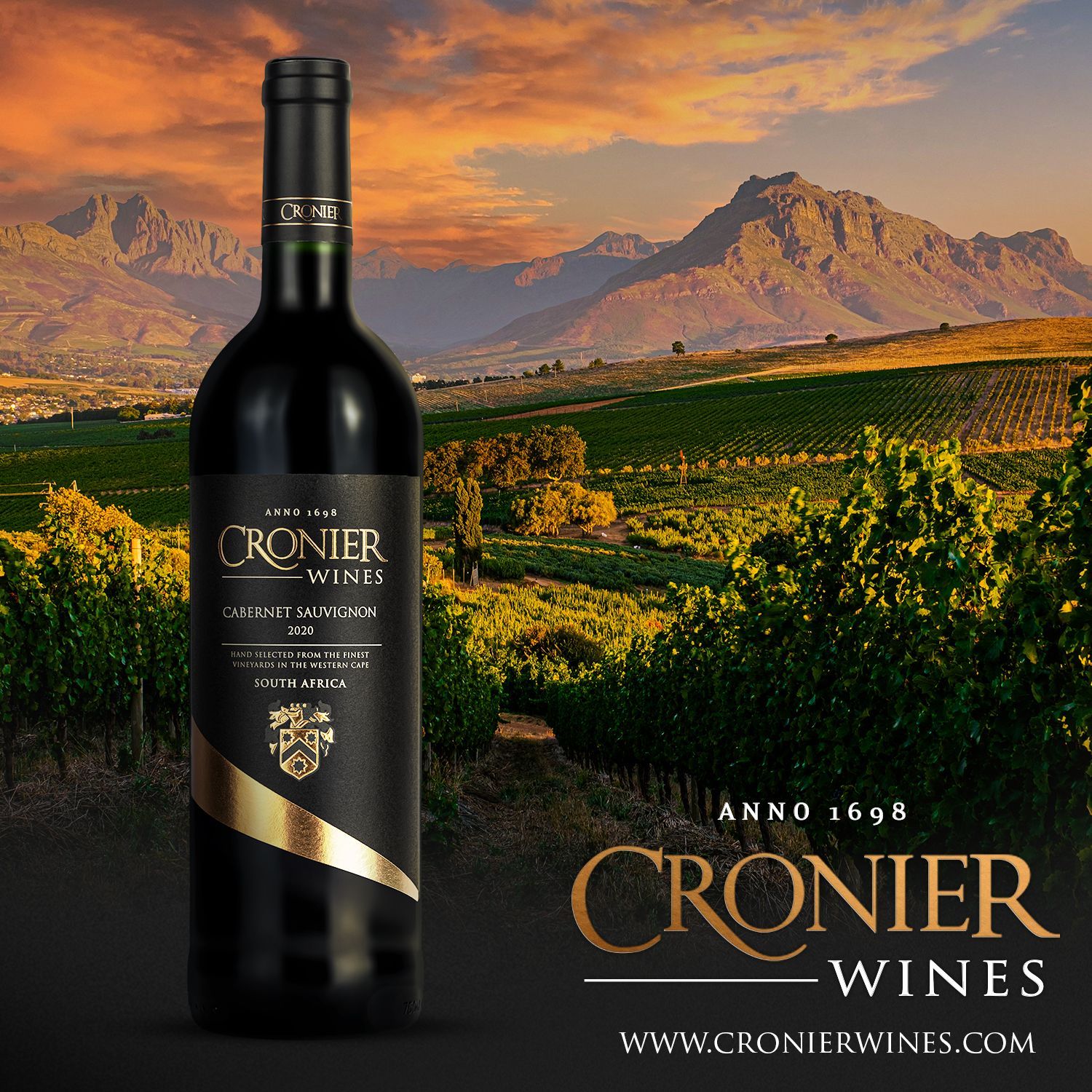 A bottle of cronier wines with a mountain in the background