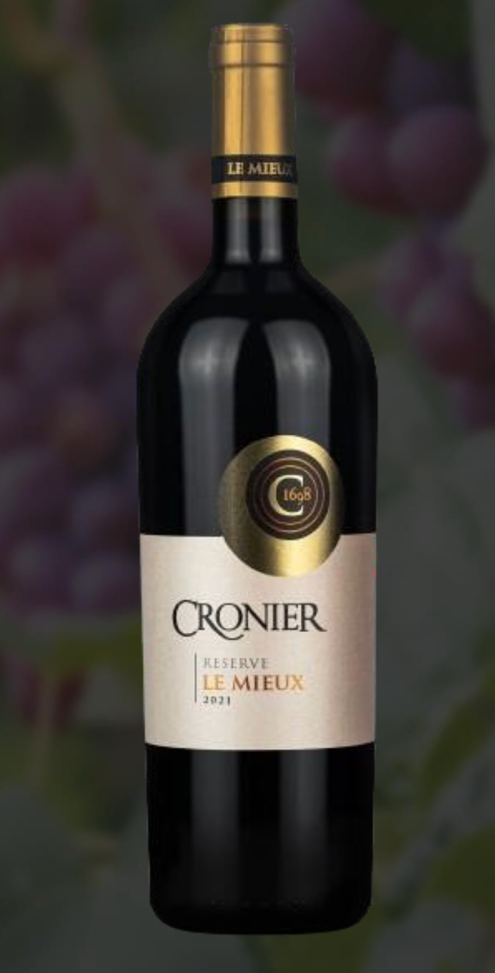 A bottle of cronier wine with a white label
