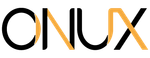 Un logotipo negro y naranja para Onux sobre un fondo blanco.