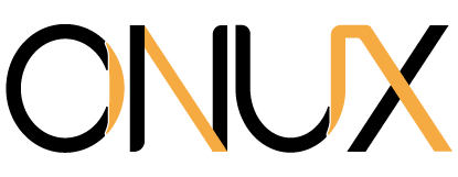 Un logotipo negro y naranja para Onux sobre un fondo blanco.