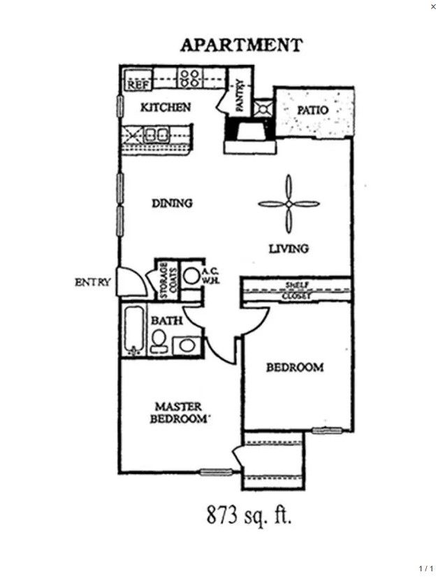 A black and white floor plan of an apartment with 873 square feet