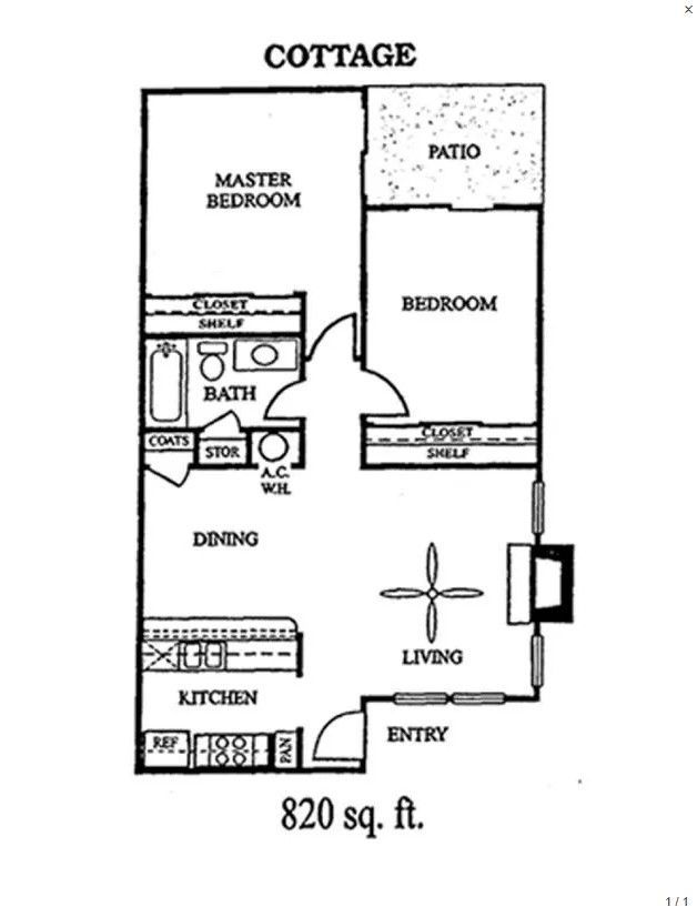 A black and white floor plan of a cottage apartment
