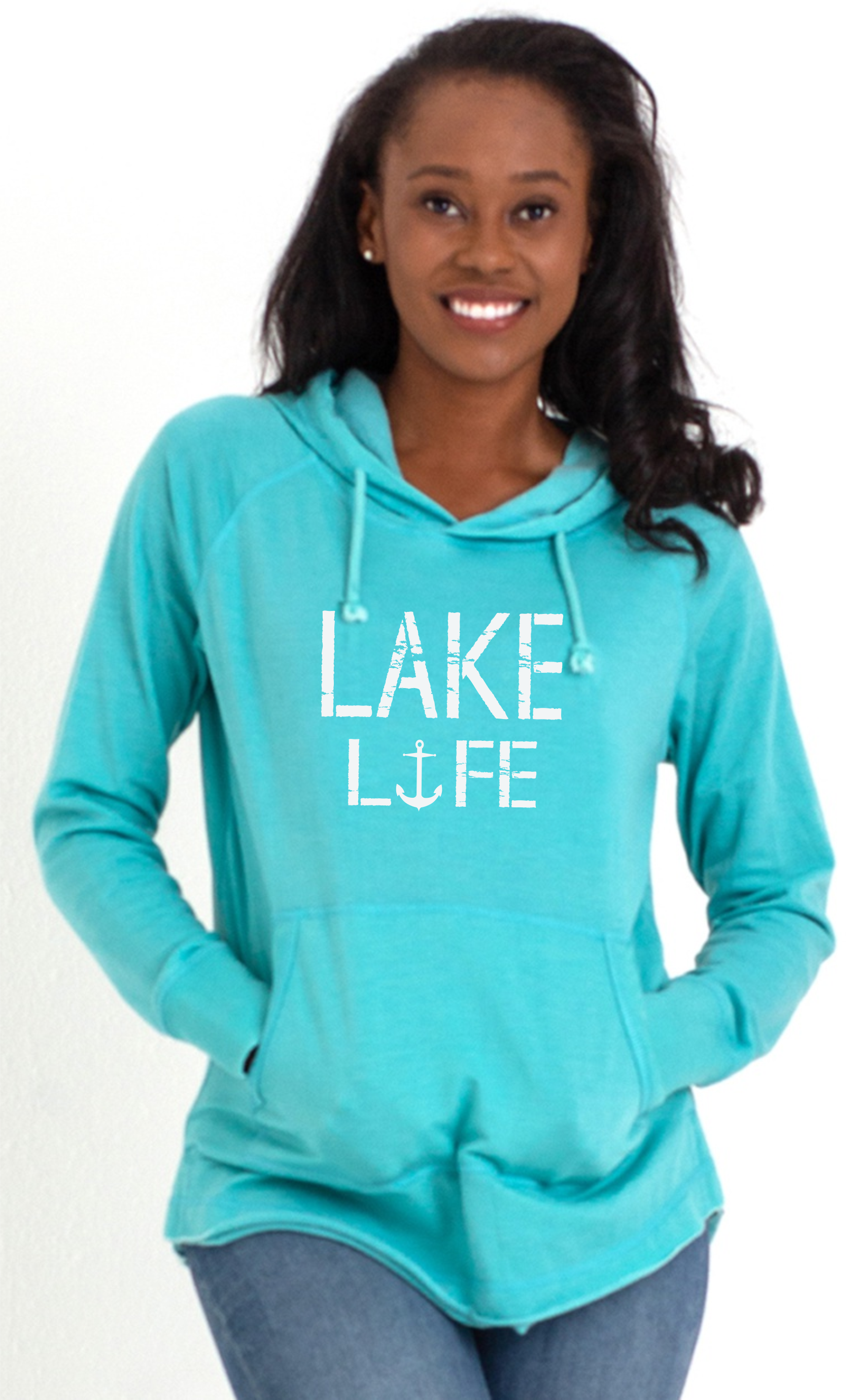 A woman wearing a blue hoodie that says lake life