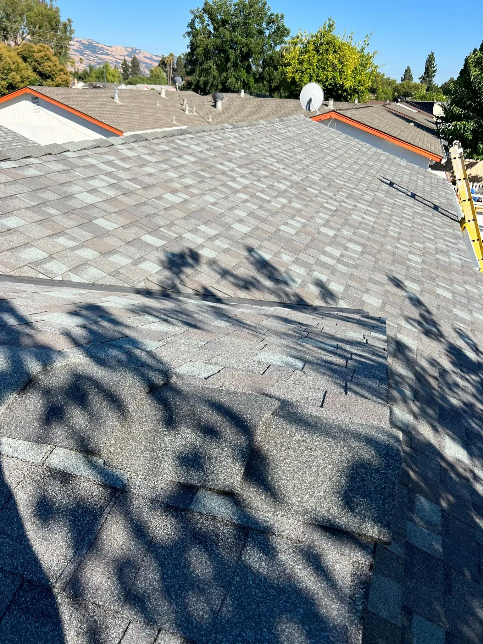 A close up of a roof with a shadow of a tree on it.