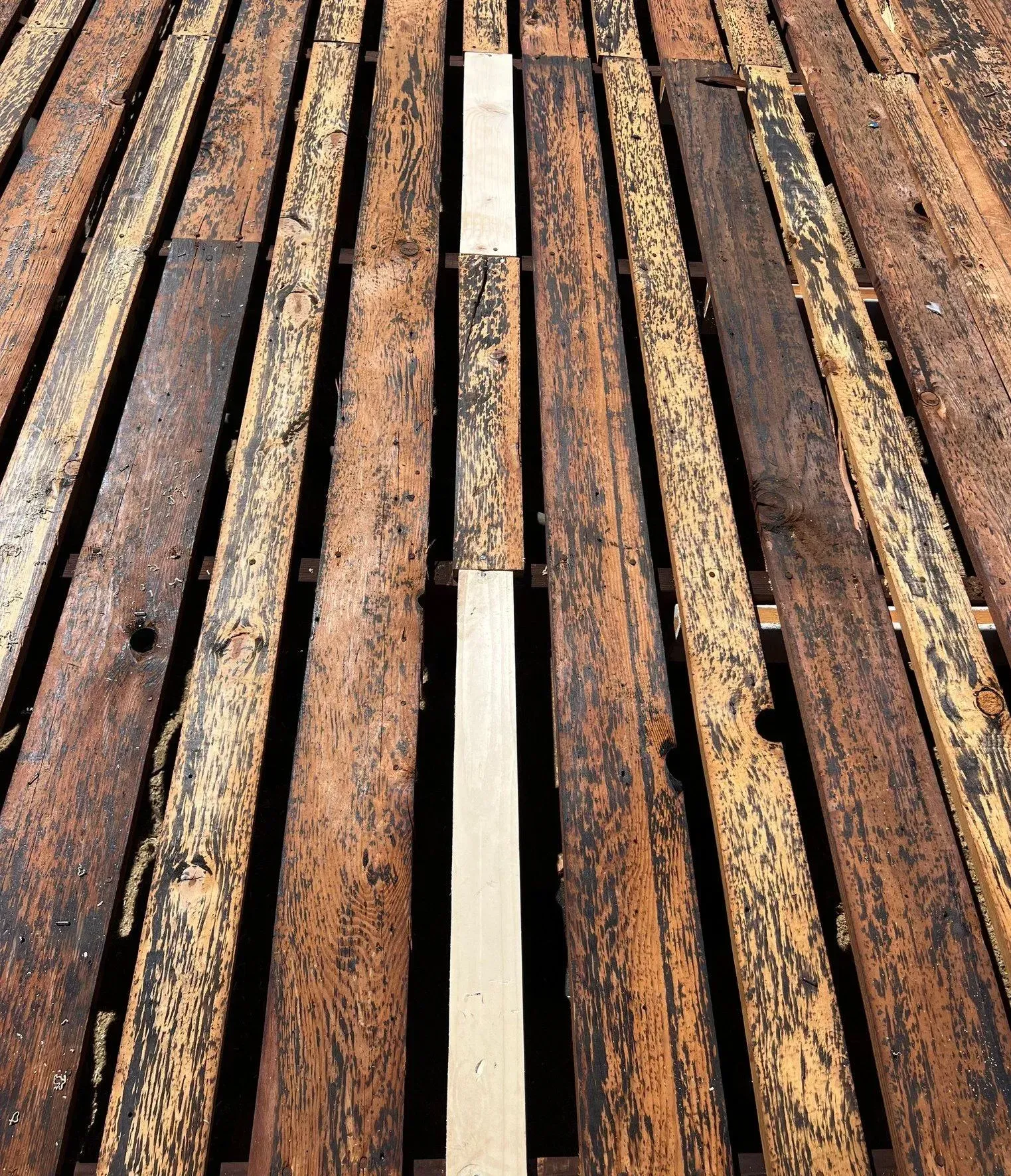 A wooden floor with a white line in the middle