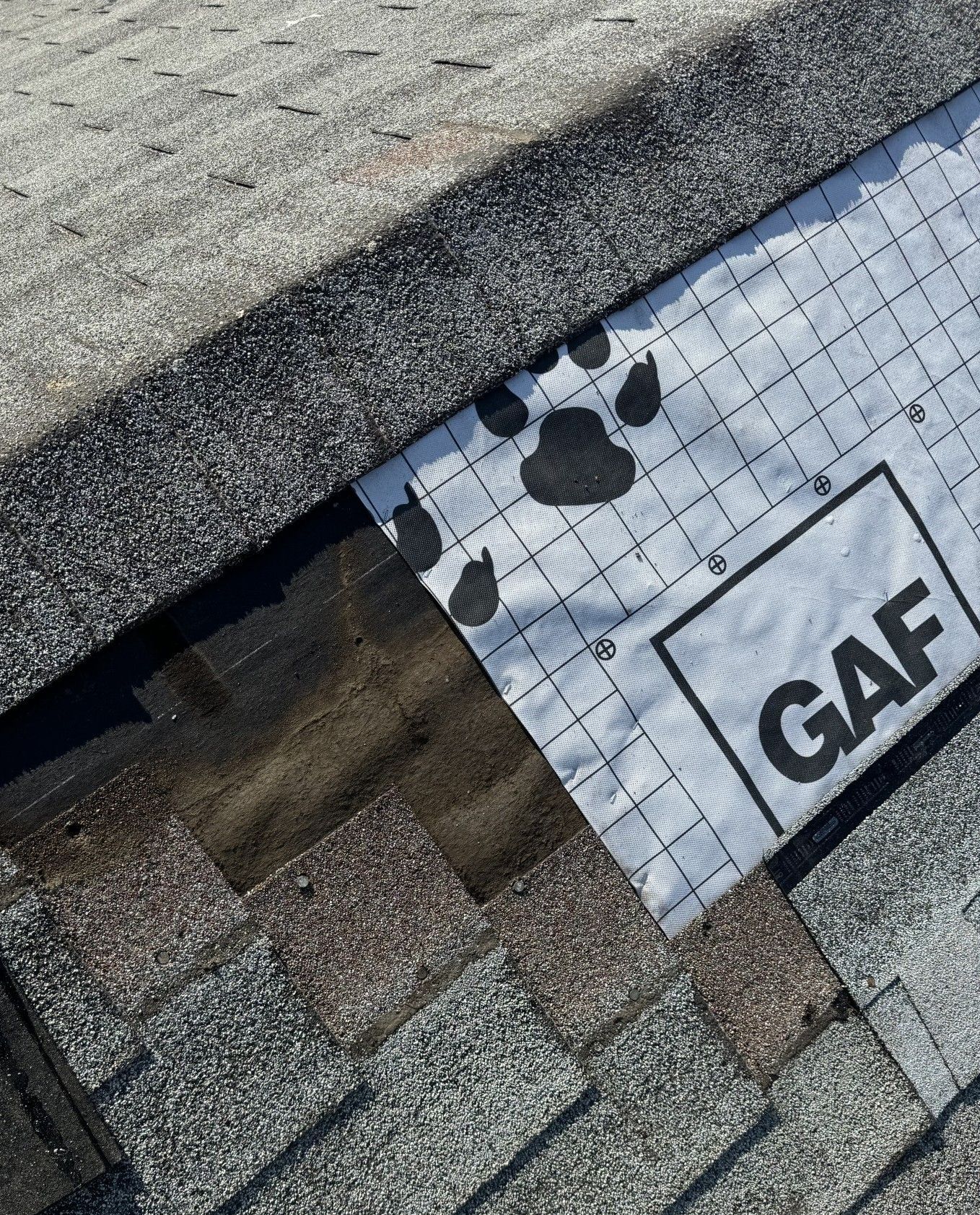 A piece of paper with a paw print on it is sitting on top of a roof.