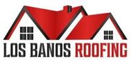 A logo for Los Banos Roofing with a red roof