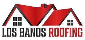 A logo for Los Banos Roofing with a red roof.