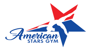 A logo for american stars gym with a red , white and blue star