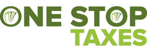 The logo for One Stop Taxes featuring green text and circular icons containing leaf-like shapes.
