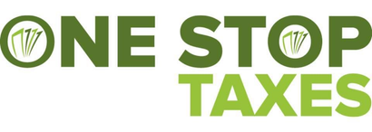 The logo for One Stop Taxes featuring green text and circular icons containing leaf-like shapes.