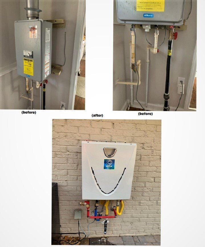 Three pictures of a water heater on a brick wall
