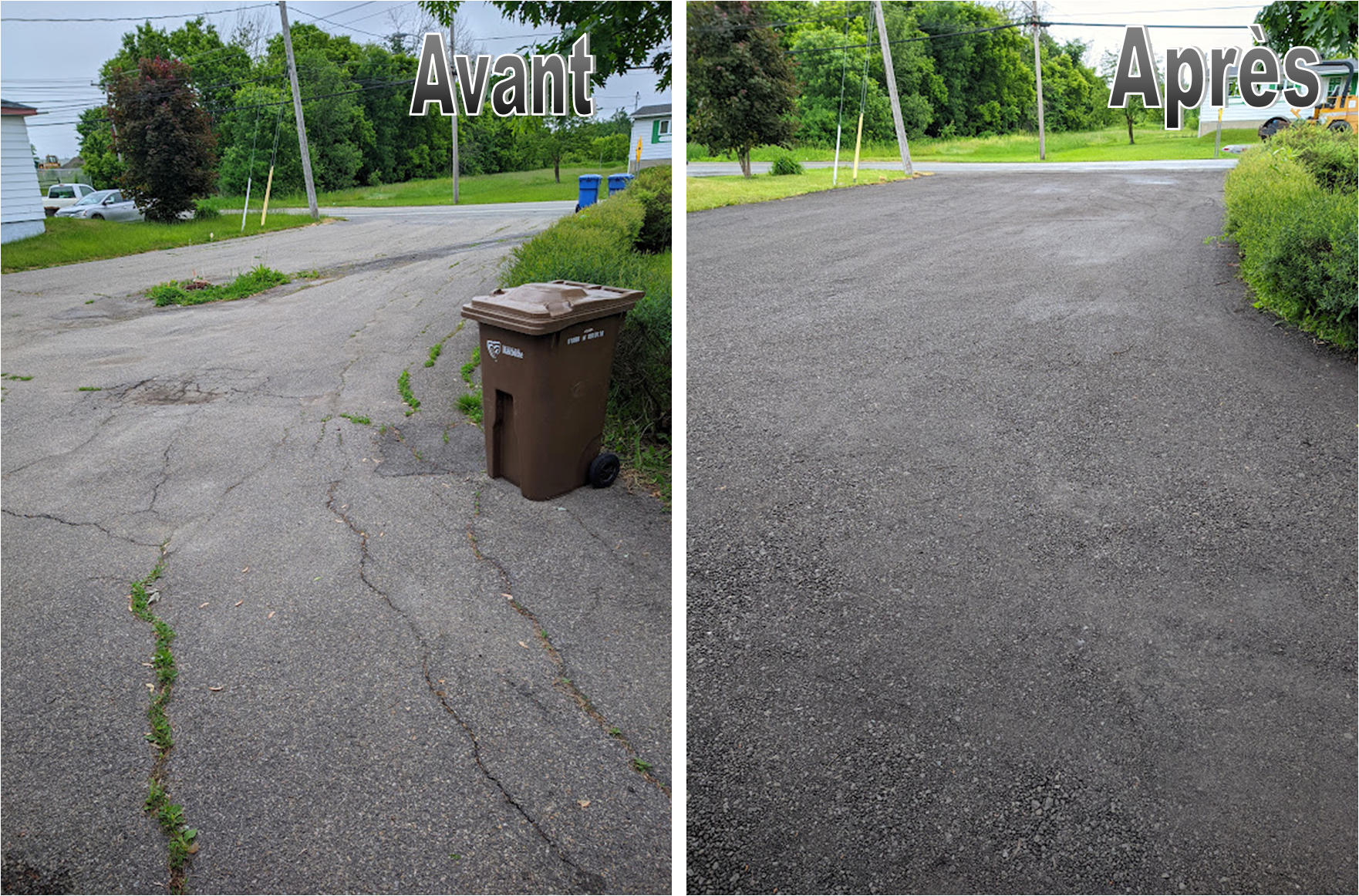 Une photo avant et après d'une allée asphaltée