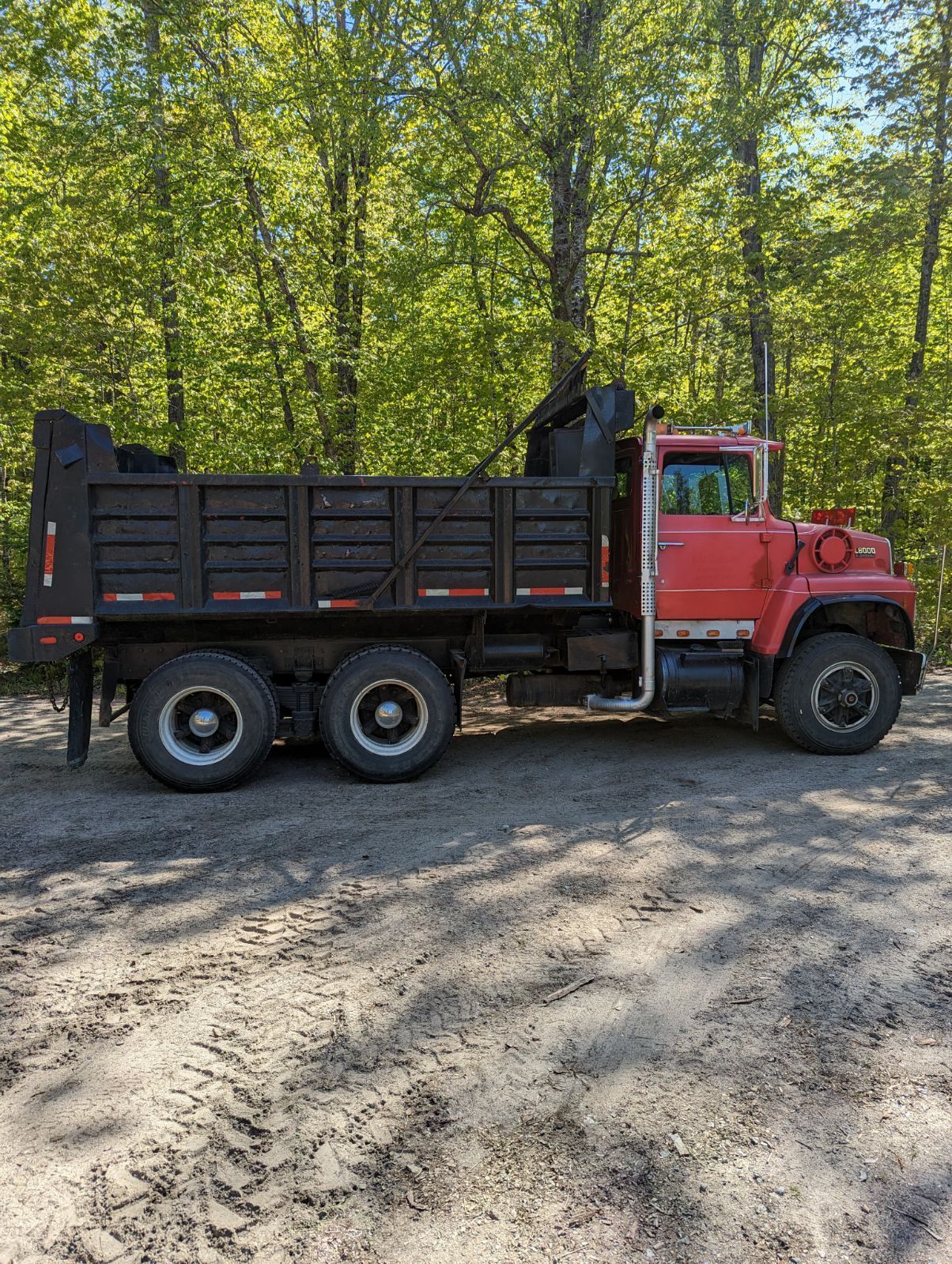 Un camion à benne rouge est garé dans un terrain sale dans les bois.