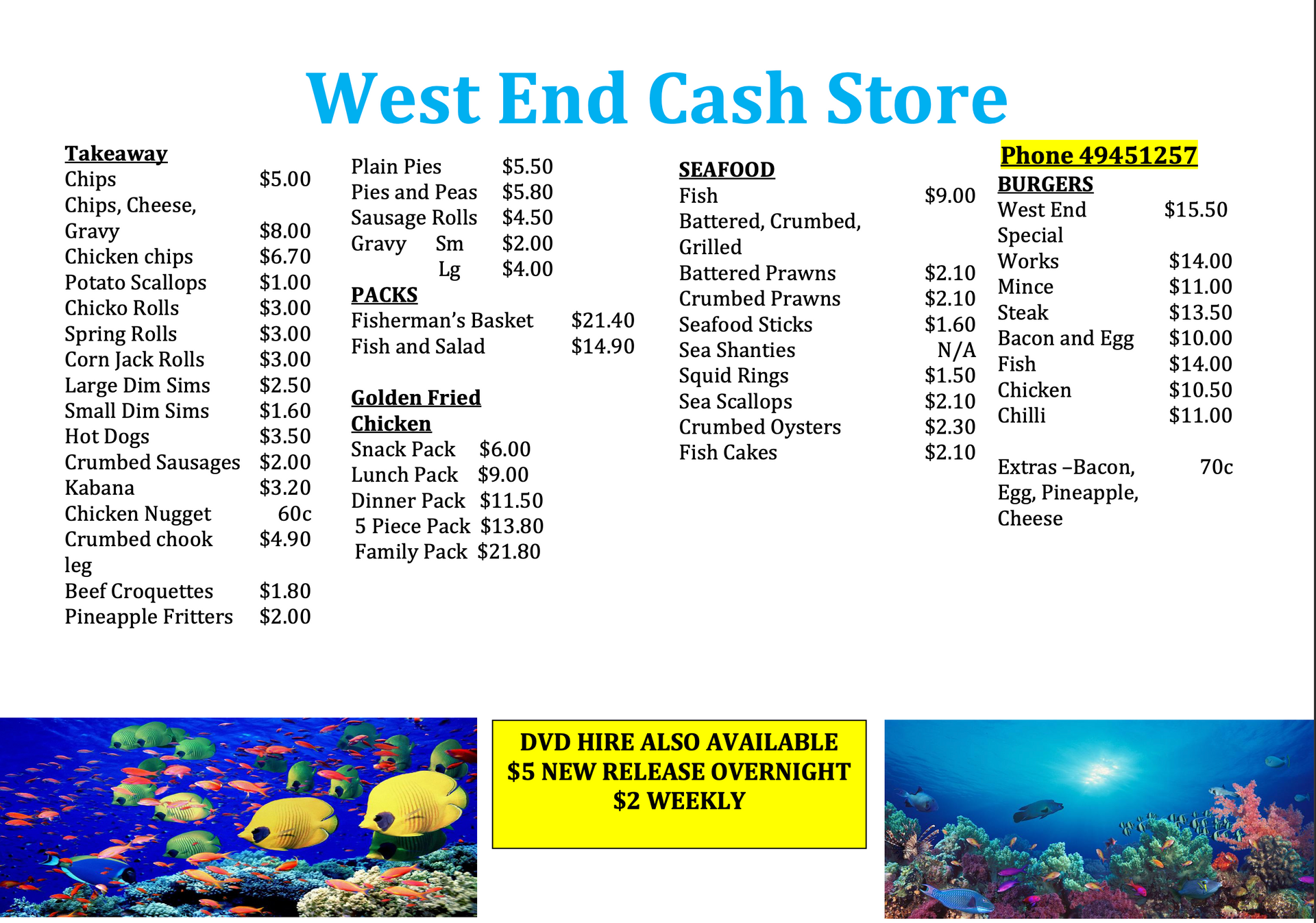 A Menu for West End Cash Store With a Picture of a Coral Reef — West End Cash Store In Proserpine, QLD