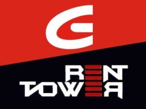 Logo con una "G" bianca su sfondo rosso e la scritta "RENT TOWER" in bianco su sfondo nero.