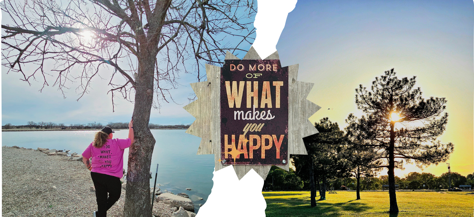 A woman standing next to a tree and a sign that says what makes you happy