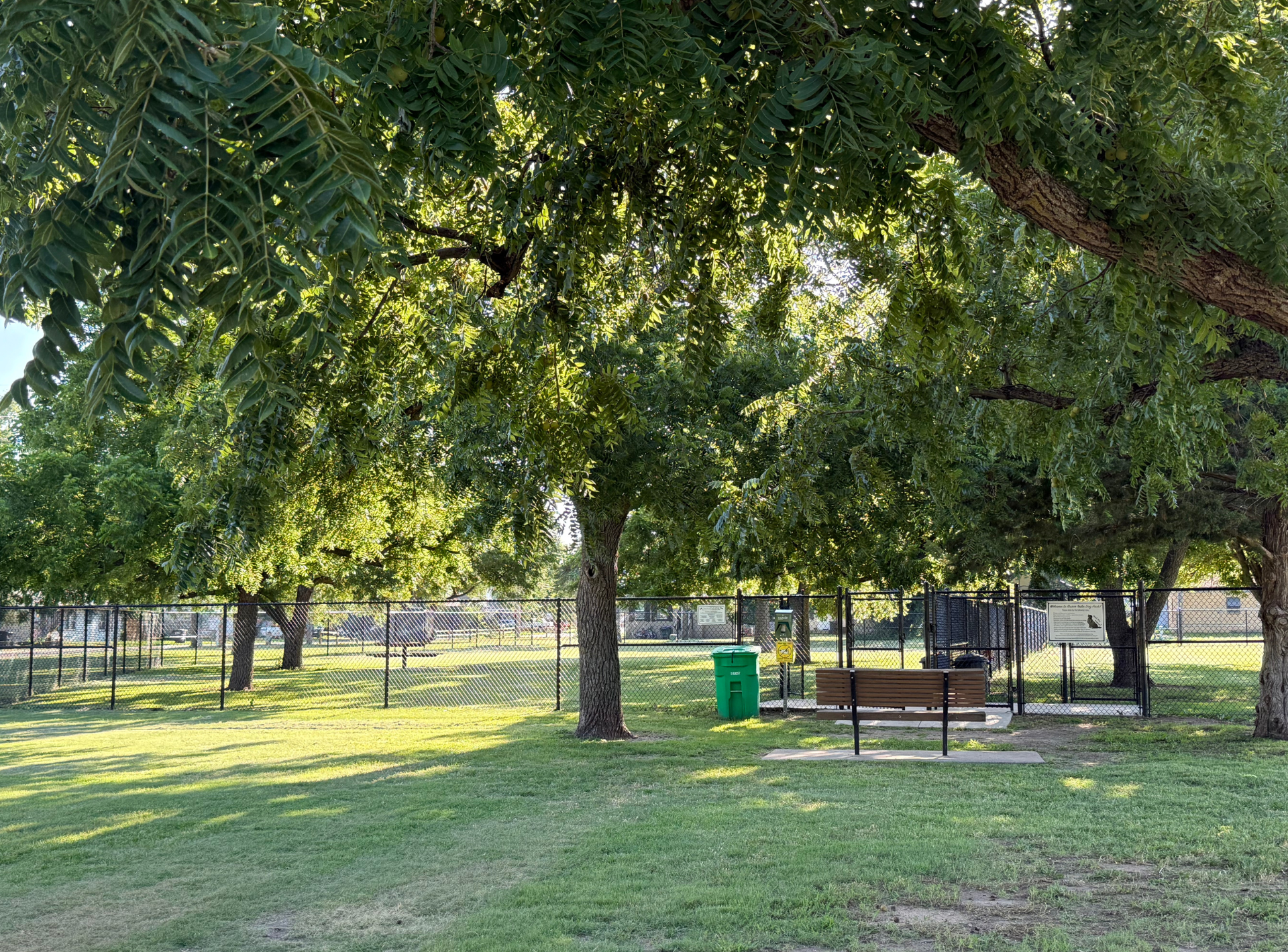 A picnic area in a park with trees and benches.