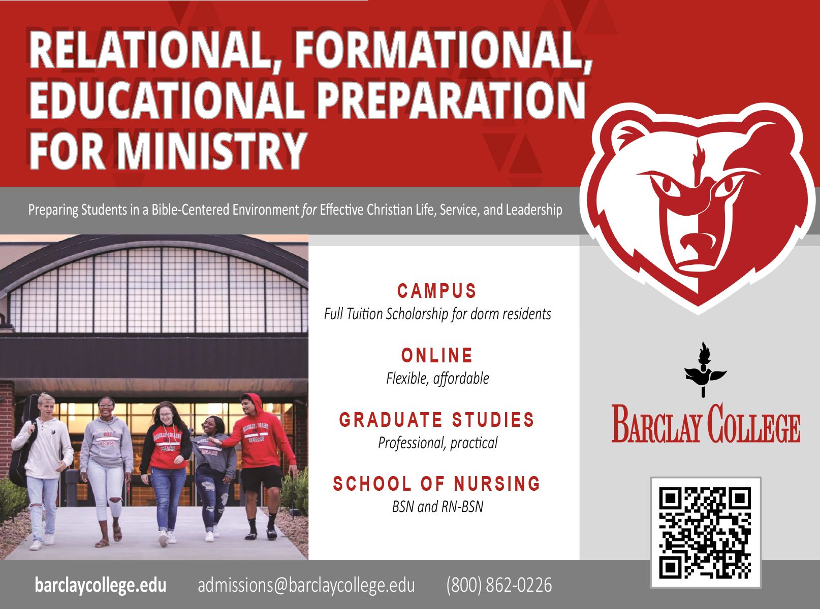 A poster for barclay college that says relational formational educational preparation for ministry
