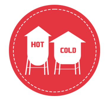 A red circle with two water towers that say hot and cold