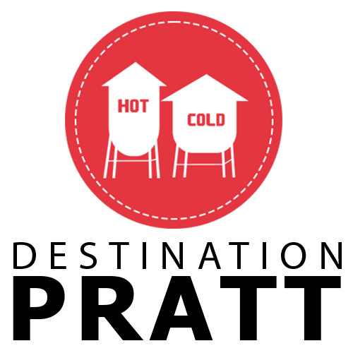 A logo for destination pratt with two water tanks in a red circle