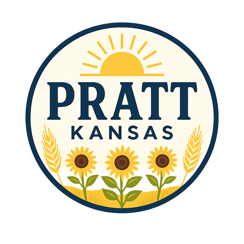 A logo for pratt kansas with sunflowers and wheat in a circle.