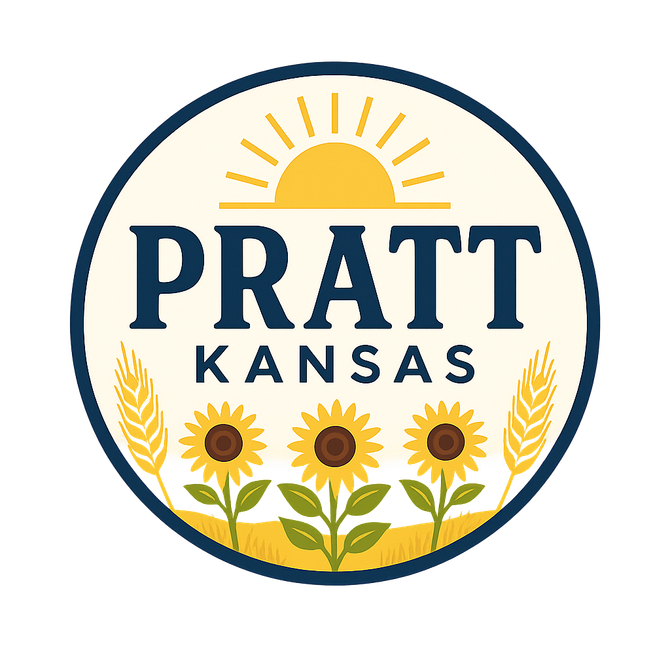 A logo for pratt kansas with sunflowers and wheat in a circle.