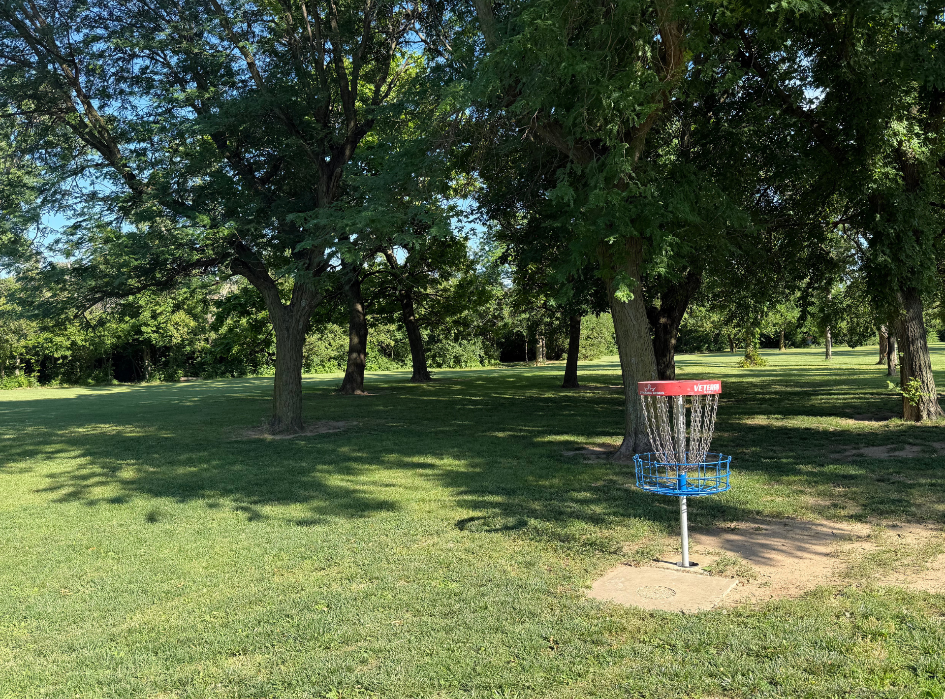 A frisbee golf basket is sitting in the middle of a park surrounded by trees.