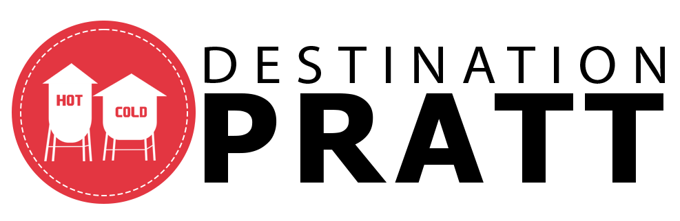 A red and black logo for destination pratt