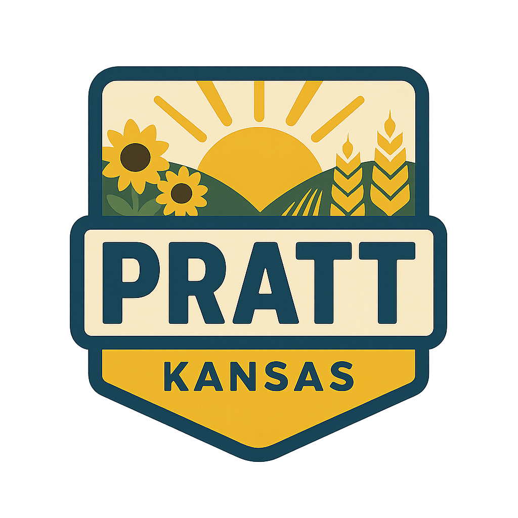The logo for pratt kansas is a shield with sunflowers and wheat on it.