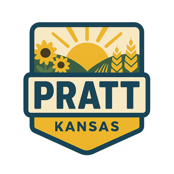 The logo for pratt kansas is a shield with sunflowers and wheat on it.