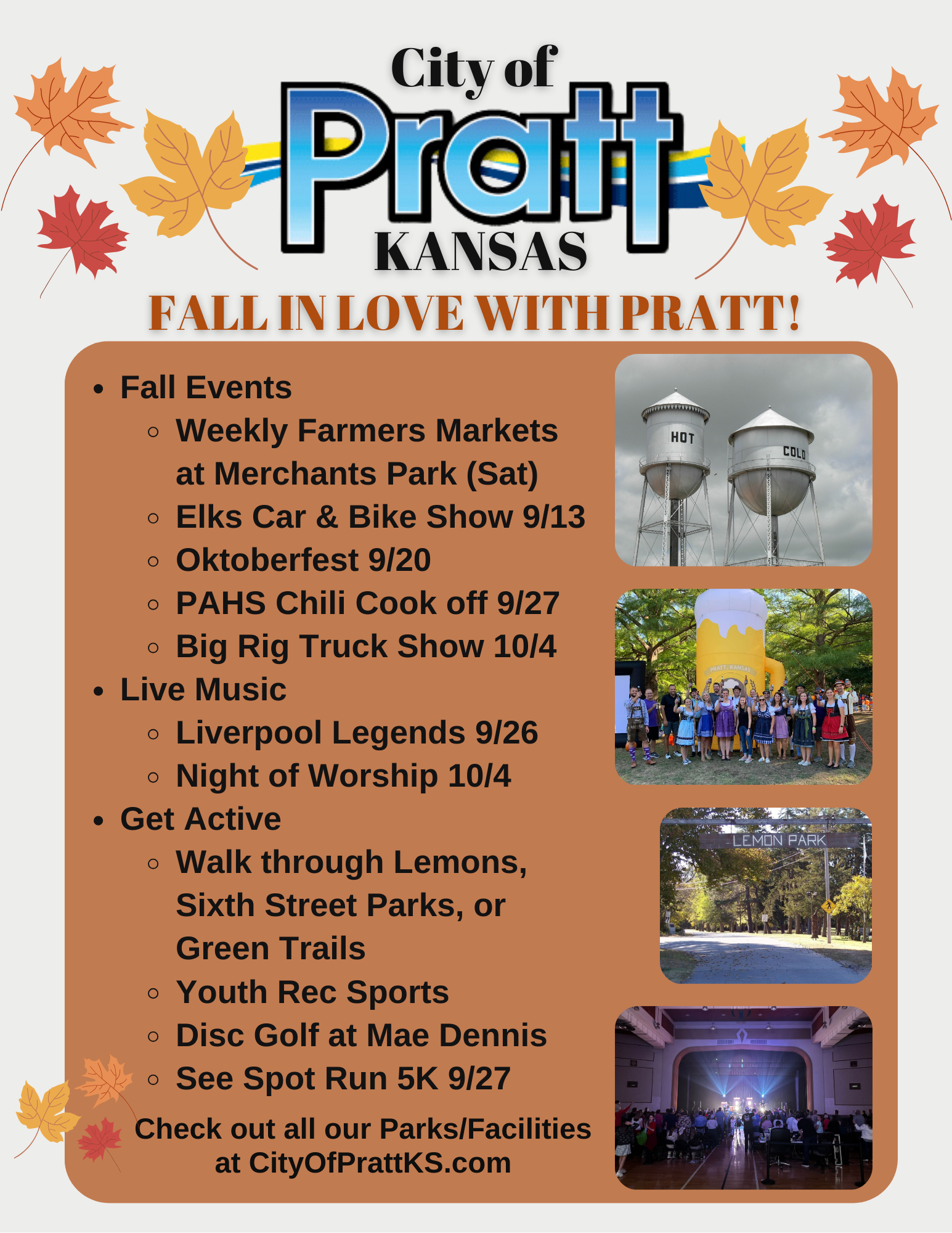 An advertisement for city of pratt shows a baseball field