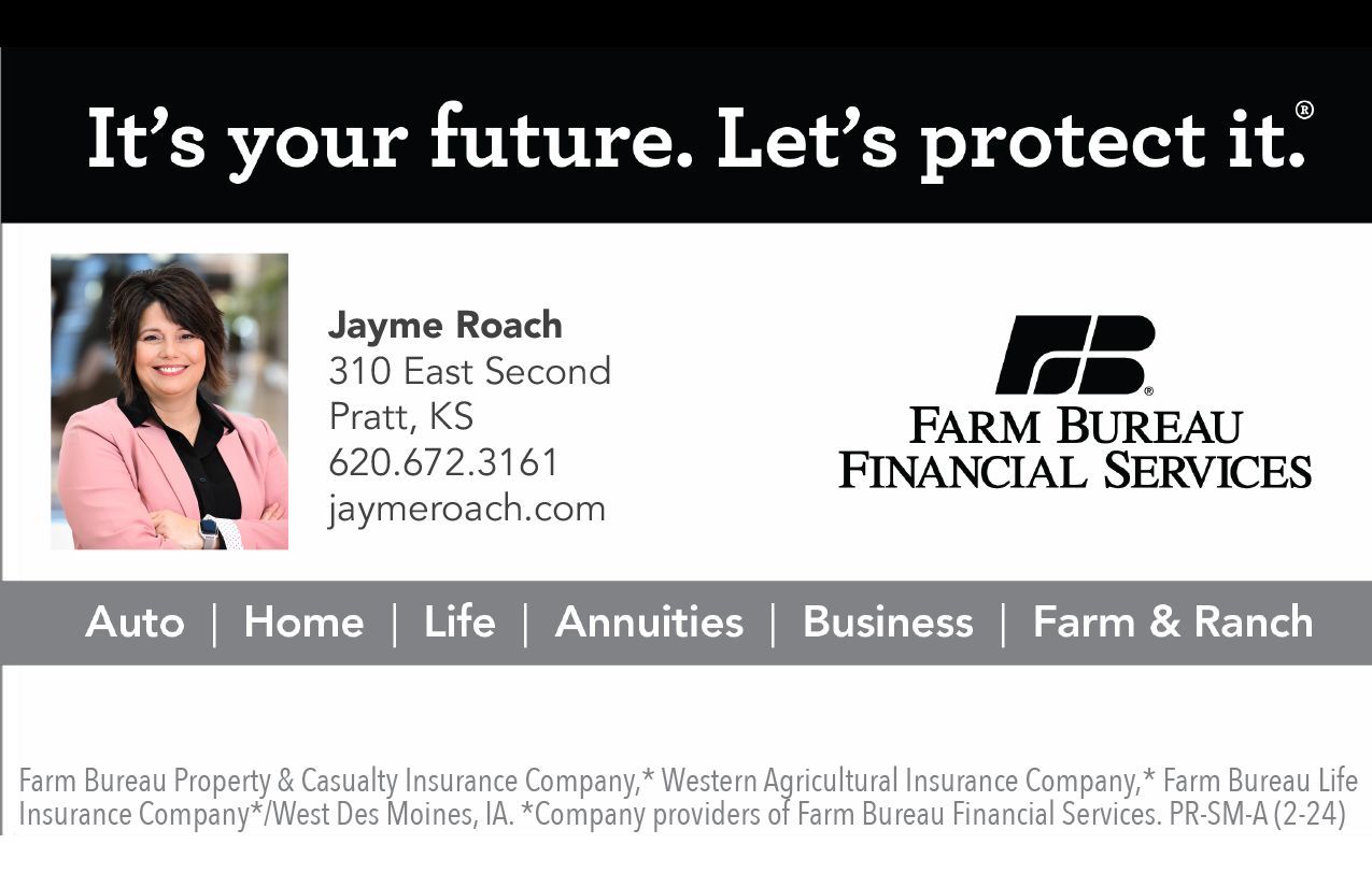 An advertisement for farm bureau financial services shows a woman in a pink jacket