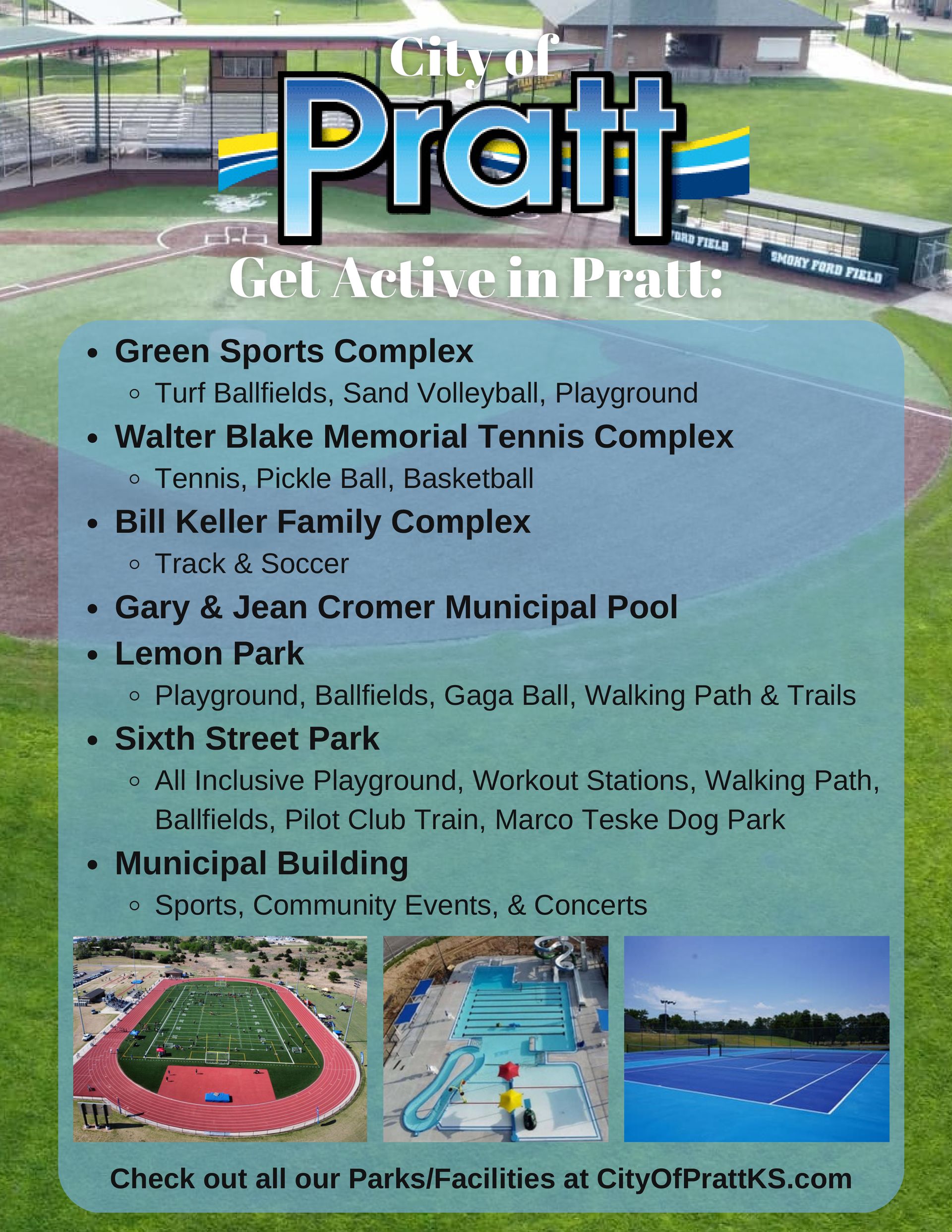 An advertisement for city of pratt shows a baseball field