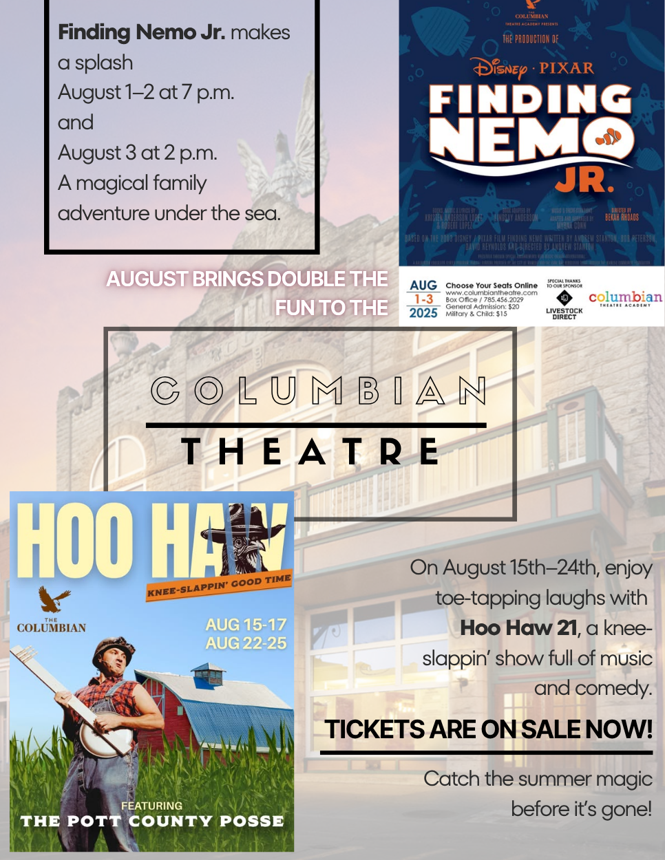 Columbian Theatre Production
Finding Nemo Jr., Hoo Haw 21 musical comedy theatrical performances. What is happening in Wamego Kansas